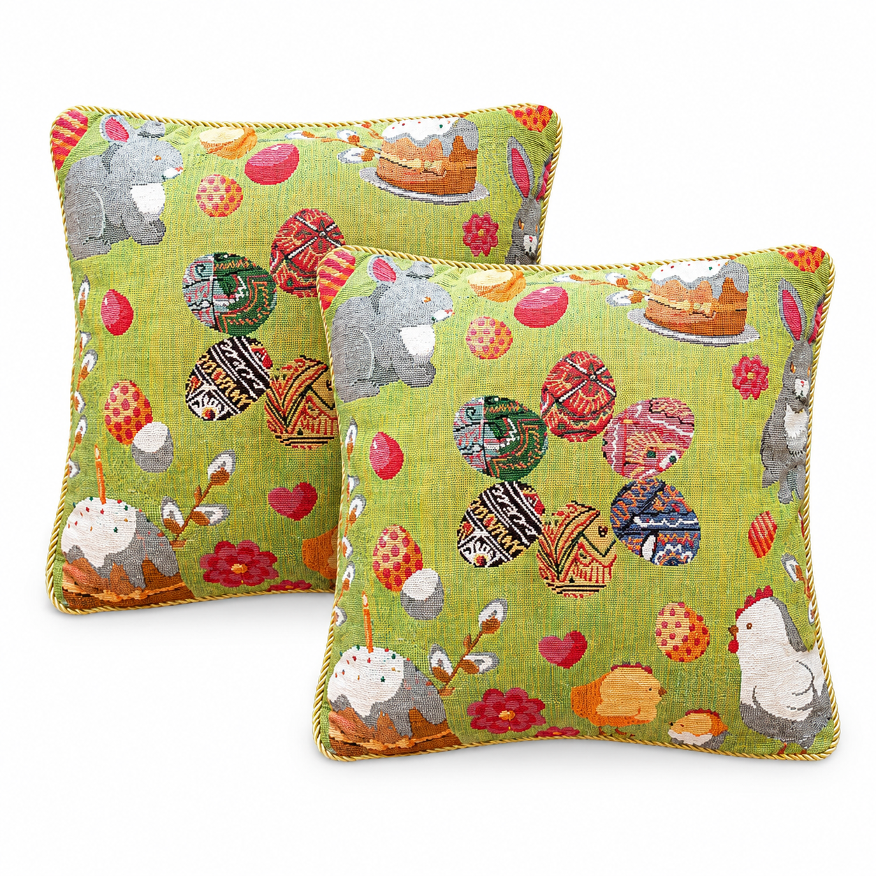 Set of 2 Easter Eggs with Bunny, Chicks and Willow Tree Throw Pillow Covers in Green color Square