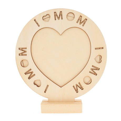 Unfinished Standing Wooden "I Love Mom" Picture Frame DIY Craft 6.7 Inches in Beige color, Round shape