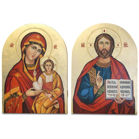 Set of Two Hand Painted on Wooden Plaque Jesus and Virgin Mary Icons 12 Inches in Multi color,  shape