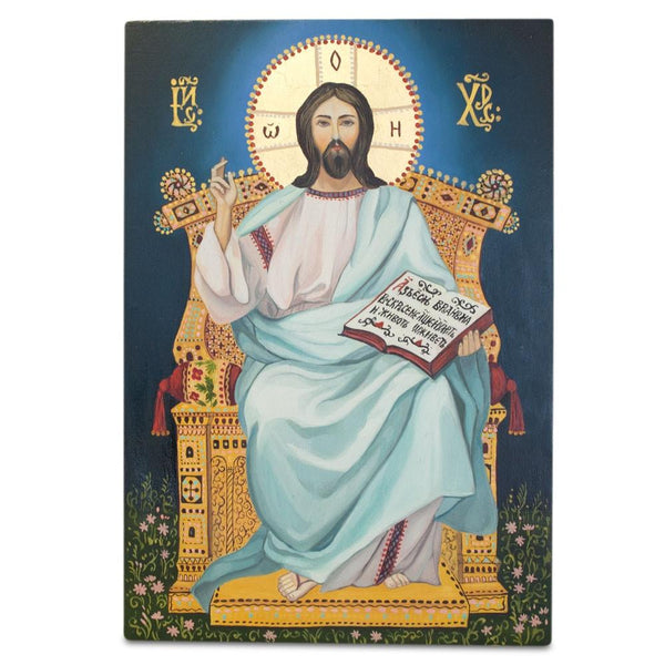 Hand Painted on Wooden Plaque Jesus Christ Orthodox Icon 12 Inches in Multi color, Rectangular shape