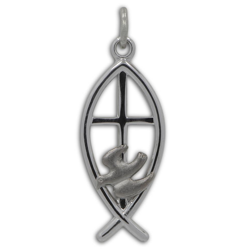 Ichthys with Satin Dove Sterling Silver Pendant in Silver color