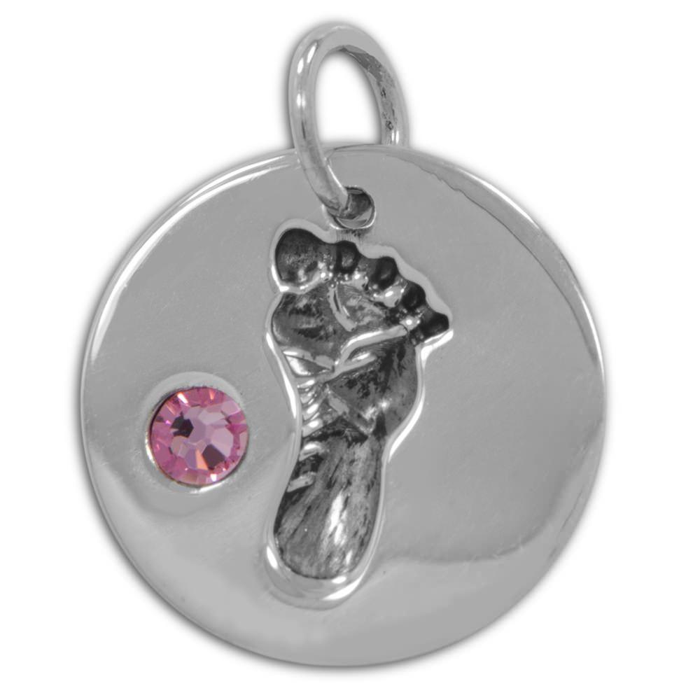 Footprint with Pink Crystal Sterling Silver Pendant in Silver color, Round shape