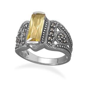 Yellow CZ and Marcasite Sterling Silver Ring (Size 7) in Silver color