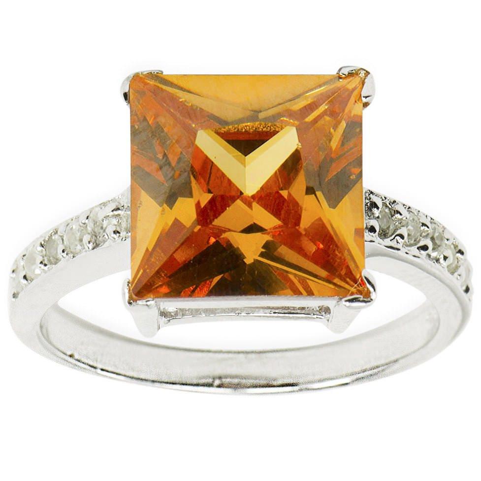 Champagne and Clear CZs Sterling Silver Ring (Size 7) in Orange color