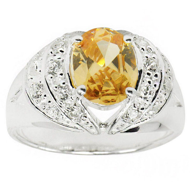 Oval Champagne CZ Sterling Silver Ring (Size 7) in Silver color,  shape