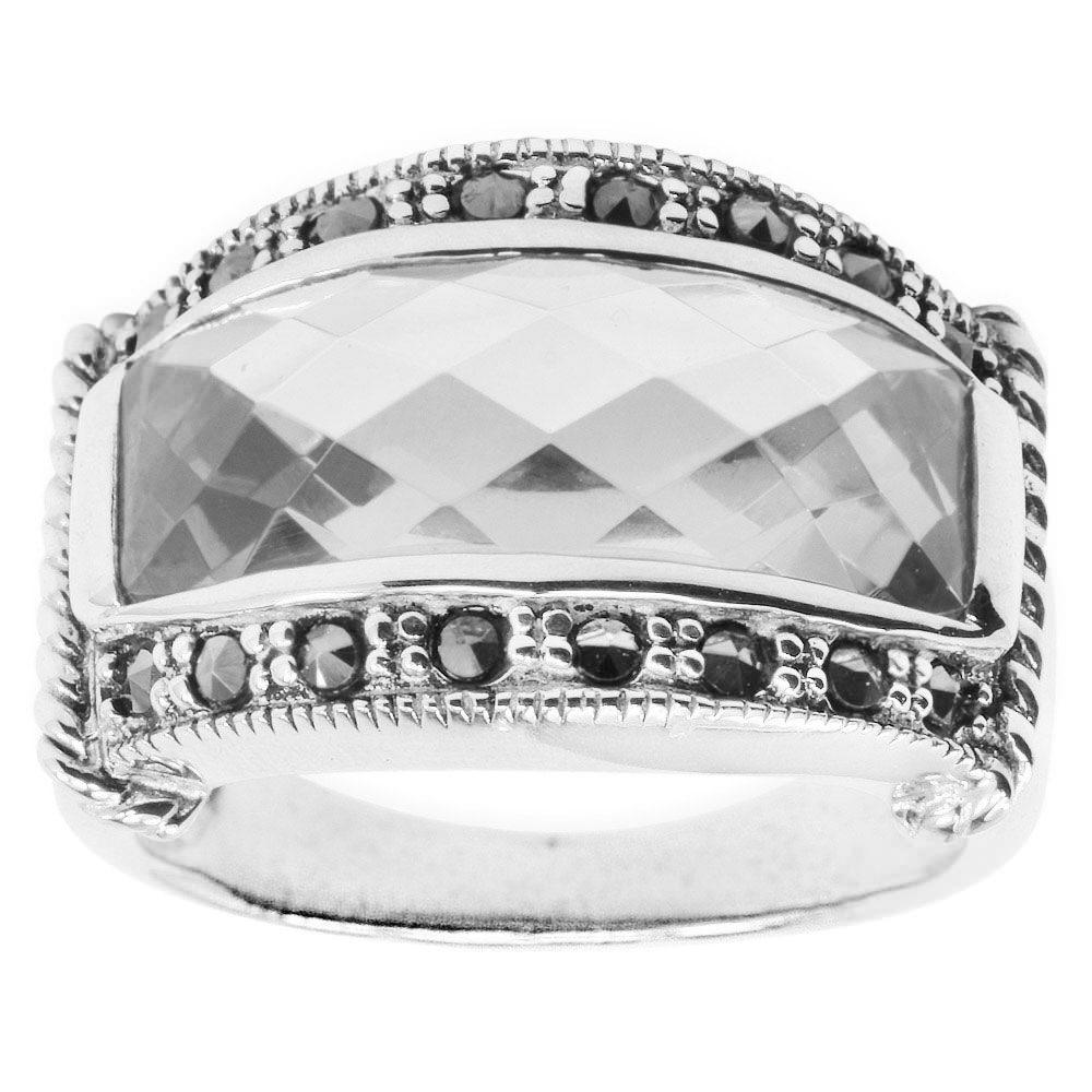 Domed Lavender and Marcasite Sterling Silver Ring (Size 7) in Silver color,  shape