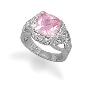 Synthetic Pink Sapphire and Clear CZ Sterling Silver Ring (Size 7) in Silver color