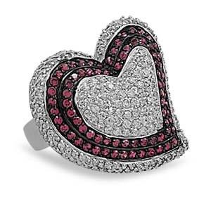 Rhodium Plated CZ Heart Sterling Silver Ring (Size 7) in Silver color,  shape