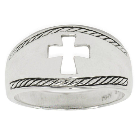 Cut Out Cross Ring Sterling Silver Men's Ring (Size 10) in Silver color,  shape
