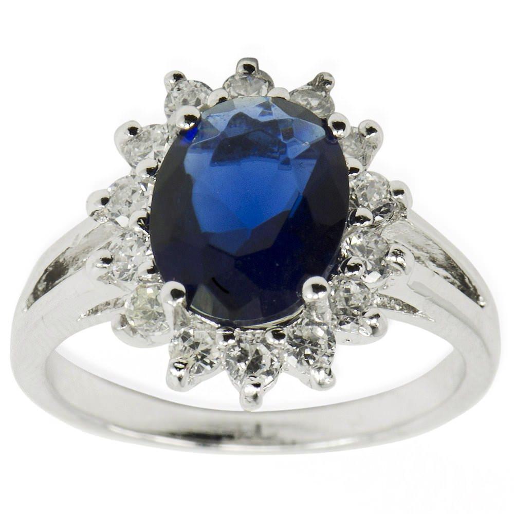 Blue and Clear CZ Sterling Silver Ring (Size 7) in Blue color,  shape
