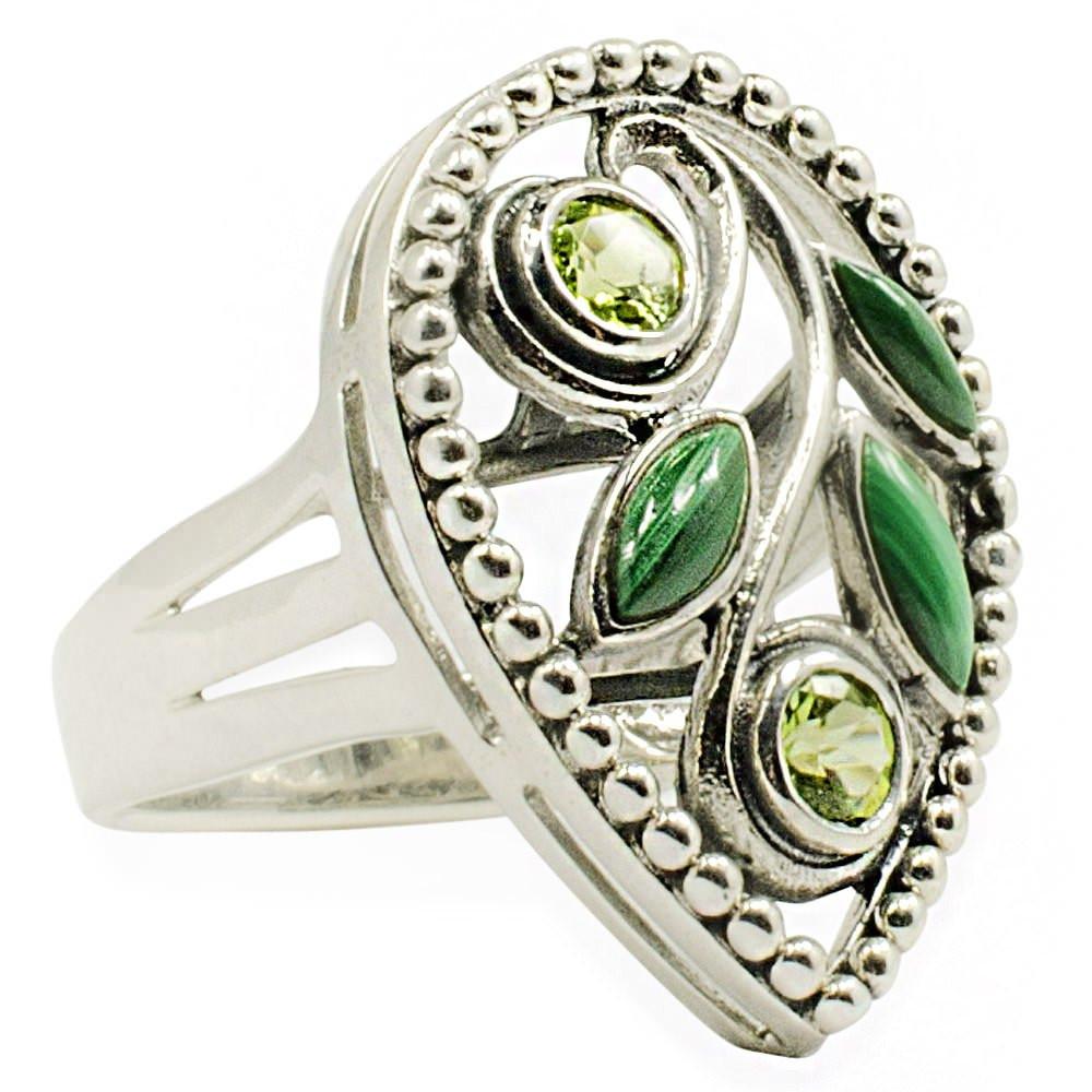 Malachite and Peridot Sterling Silver Ring (Size 7) in Silver color,  shape