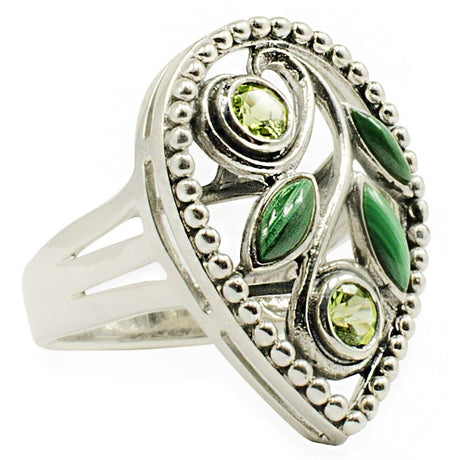 Malachite and Peridot Sterling Silver Ring (Size 7) in Silver color,  shape