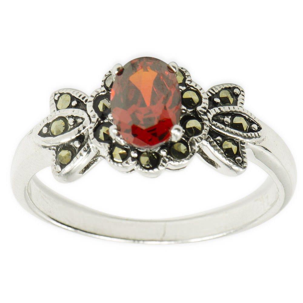 Red CZ with Marcasite Sterling Silver Ring (Size 7) in Silver color,  shape