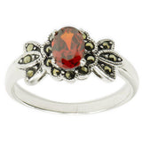 Red CZ with Marcasite Sterling Silver Ring (Size 7) in Silver color,  shape