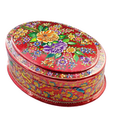 Oriental Flowers Wooden Jewelry Box in Red color Oval