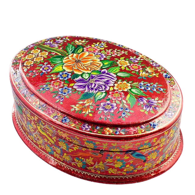 Wood Oriental Flowers Wooden Jewelry Box in Red color Oval