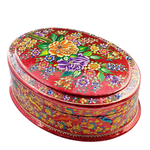 Oriental Flowers Wooden Jewelry Box in Red color Oval