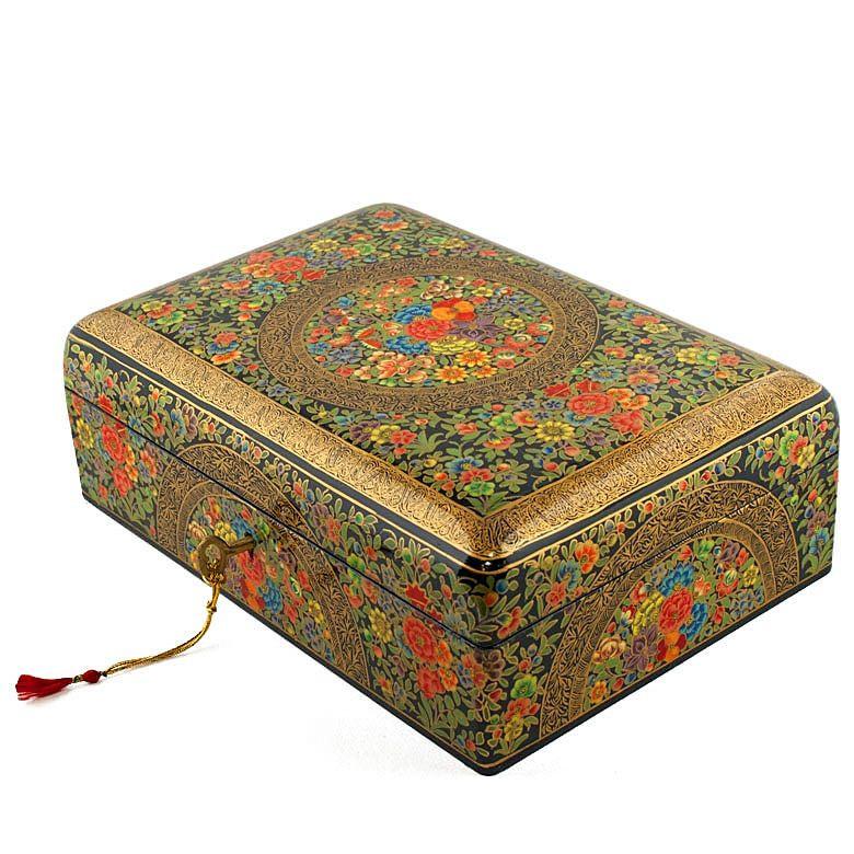 Wood Asian Mountain Flowers Oriental Wooden Jewelry Box 10 Inches X 7 Inches in Multi color Rectangular