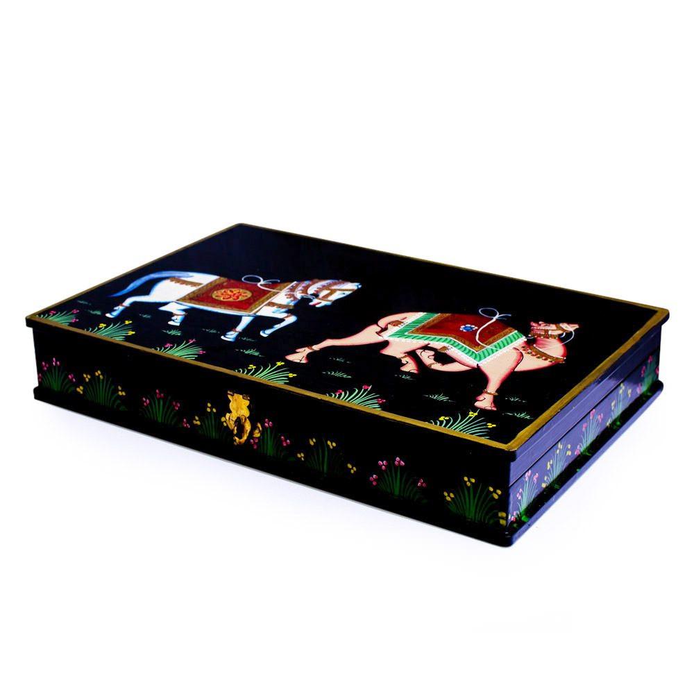 Wood Oriental Horse and Camel Wooden Jewelry Box in Multi color Rectangular