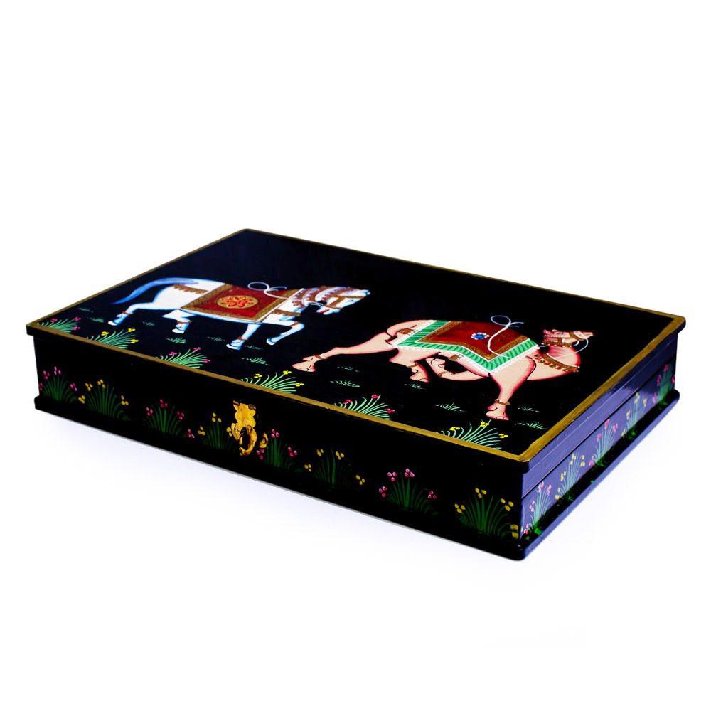 Oriental Horse and Camel Wooden Jewelry Box in Multi color, Rectangular shape
