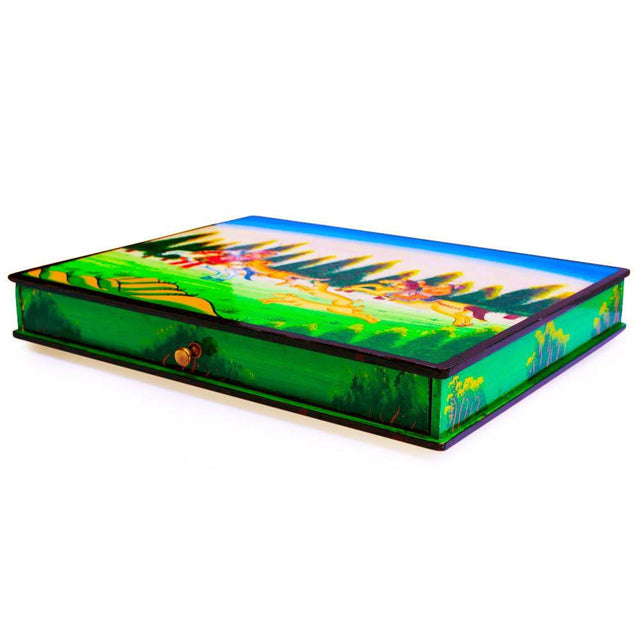 Indian Mughal Emperor's Hunt Oriental Wooden Jewelry Box in Green color Rectangular