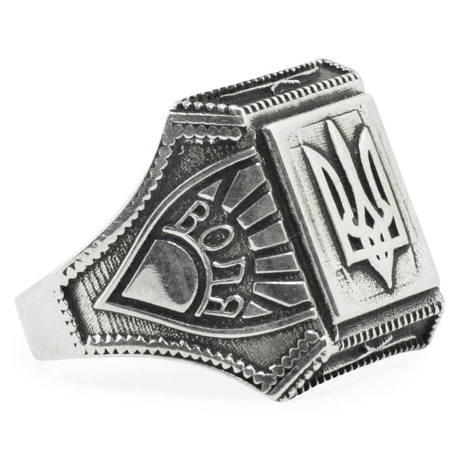 Ukrainian Trident Tryzub Sterling Silver Men's Ring (Size 9) in Silver color