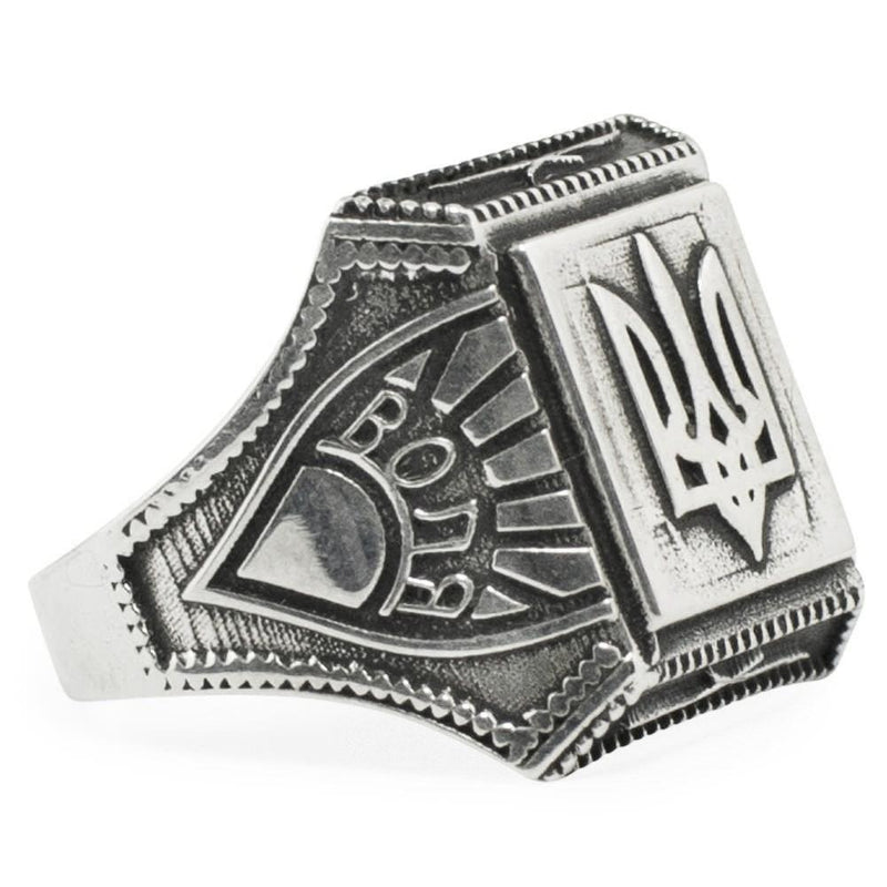 Ukrainian Trident Tryzub Sterling Silver Men's Ring (Size 9) in Silver color,  shape