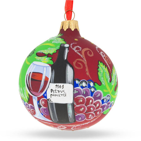 Cheers to the Holidays: Red Wine Bottle Blown Glass Ball Christmas Ornament 3.25 Inches in Red color, Round shape