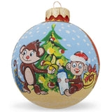 Monkey and Baby by Christmas Tree - Glass Ball Christmas Ornament 3.25 Inches in Multi color Round