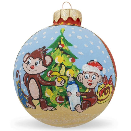 Monkey and Baby by Christmas Tree - Glass Ball Christmas Ornament 3.25 Inches in Multi color Round