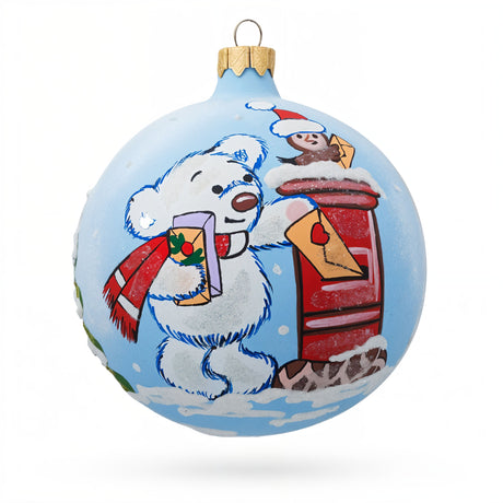 Bear Mailing Christmas Wish List Glass Ball Christmas Ornament  3.25 Inches in Blue color Round