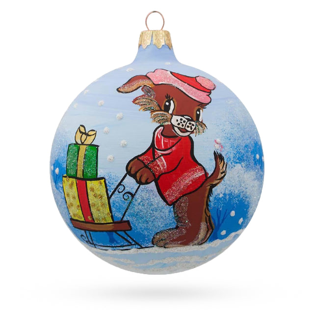 Glass Festive Paws: Dog Delivering Christmas Gifts on Sleigh - Blown Glass Ball Christmas Ornament 4 Inches in Blue color Round