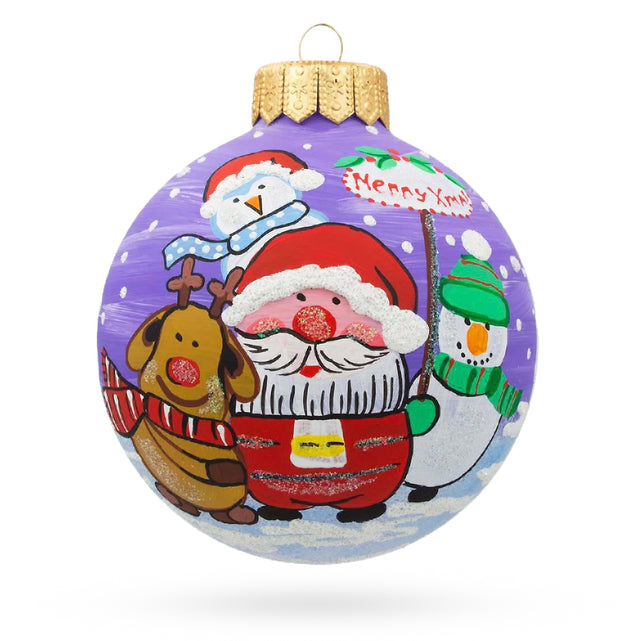 Jolly Trio: Santa, Reindeer, and Snowman Friends - Blown Glass Ball Christmas Ornament 3.25 Inches in Purple color, Round shape