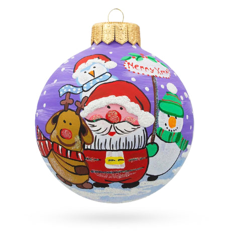 Santa, Reindeer, and Snowman Friends Glass Ball Christmas Ornament 4 Inches in Purple color Round