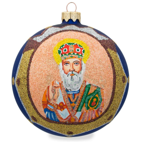 Sacred St. Nicholas with the Bible on Blue Blown Glass Ball Christmas Ornament 4 Inches by BestPysanky