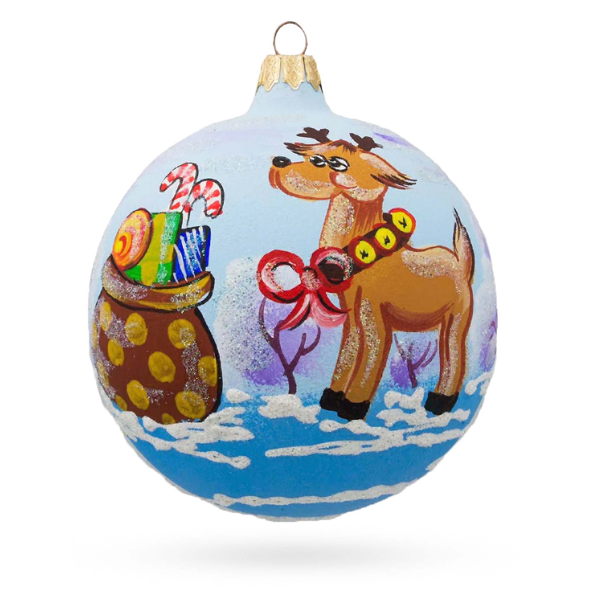 Reindeer Carrying Bag of Gifts Glass Ball Christmas Ornament 3.25 Inches in Multi color Round