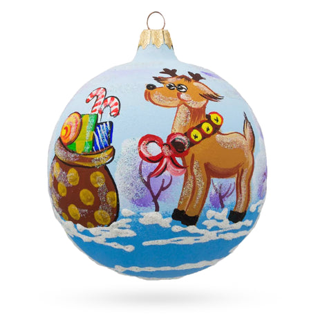 Glass Festive Reindeer Carrying Bag of Gifts Blown Glass Ball Christmas Ornament 4 Inches in Multi color Round