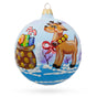 Glass Festive Reindeer Carrying Bag of Gifts Blown Glass Ball Christmas Ornament 4 Inches in Multi color Round