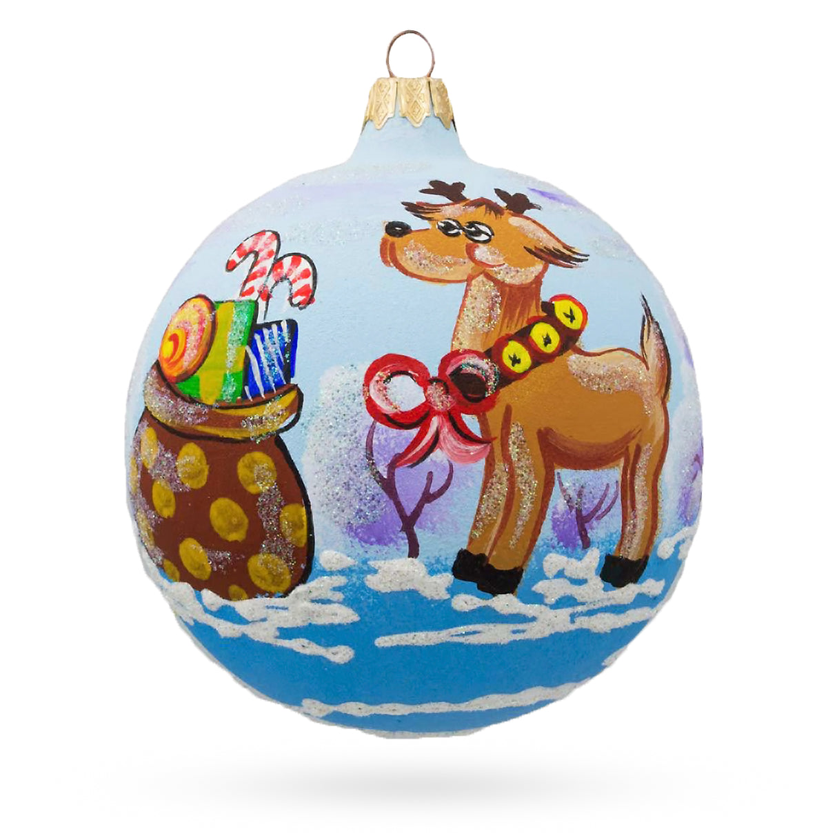 Festive Reindeer Carrying Bag of Gifts Blown Glass Ball Christmas Ornament 3.25 Inches in Multi color, Round shape