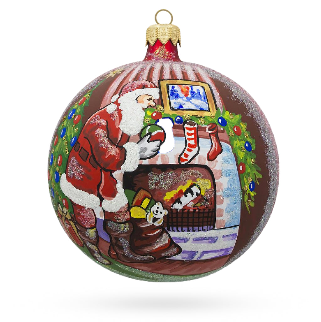 Santa Filling Stockings by a Cozy Fireplace Glass Ball Christmas Ornament 4 Inches in Red color Round