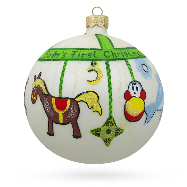Toy Mobile Blown Glass Ball Baby's First Christmas Ornament 4 Inches in White color Round