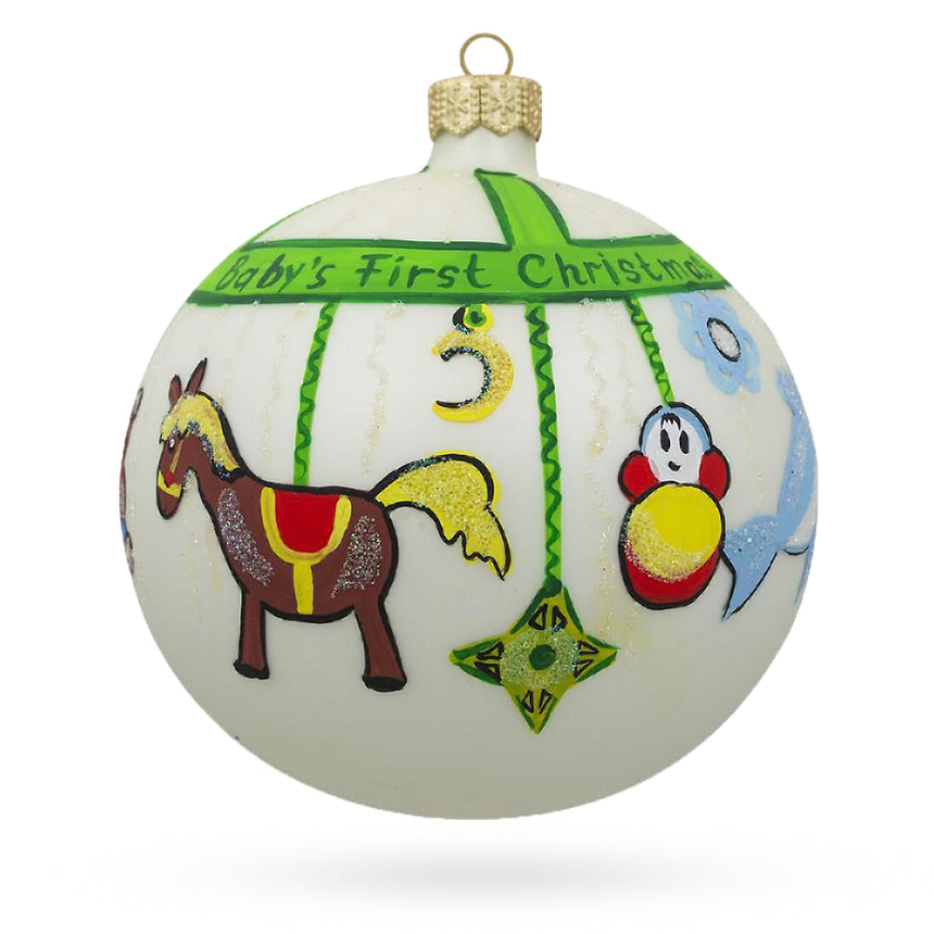 Toy Mobile Blown Glass Ball Baby's First Christmas Ornament 4 Inches in White color Round