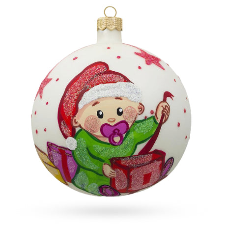 Girl Opening Gift Glass Ball Baby's First Christmas Ornament 4 Inches in White color, Round shape