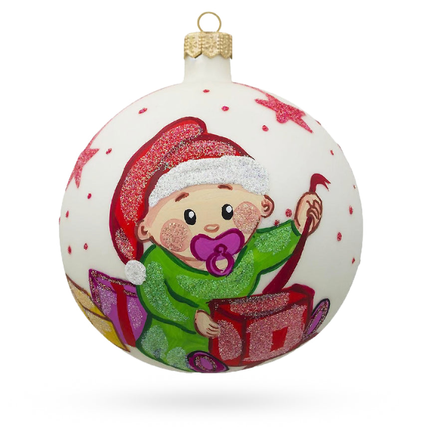 Girl Opening Gift Glass Ball Baby's First Christmas Ornament 4 Inches in White color Round