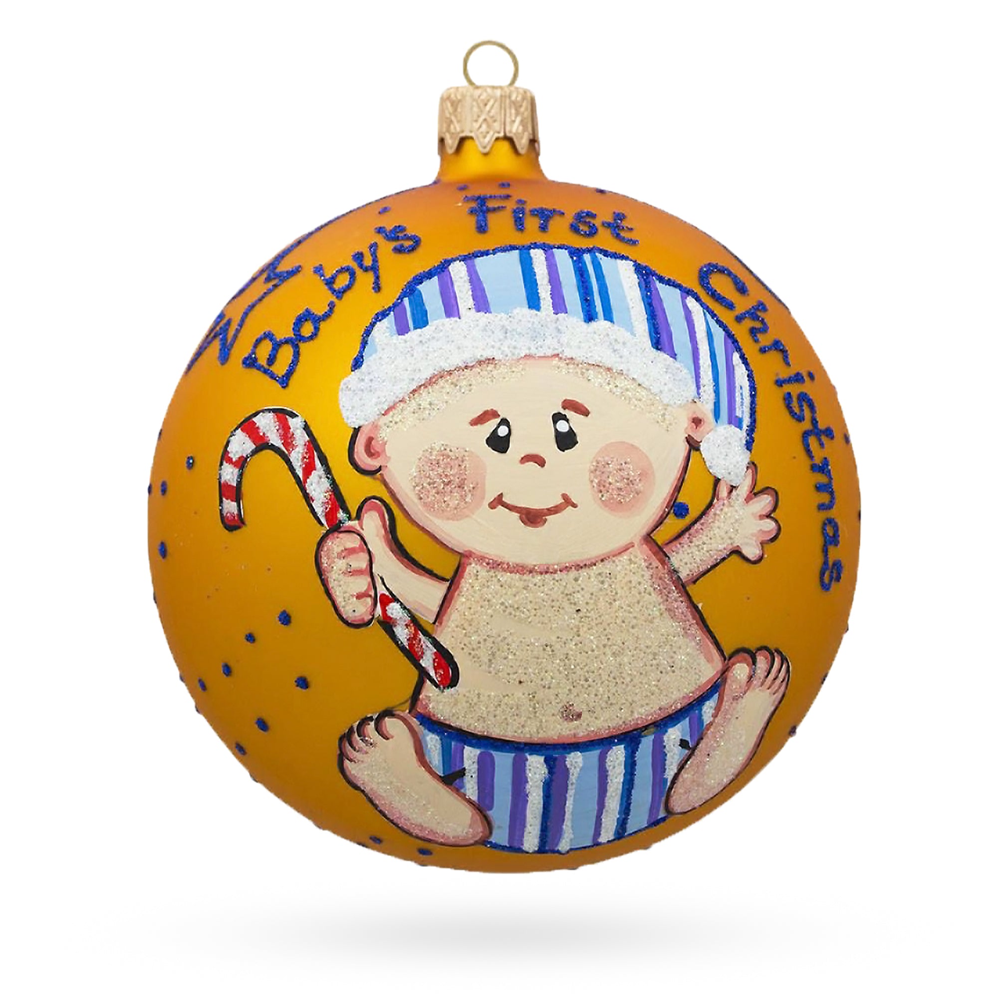Boy with Candy Cane Glass Ball Baby's First Christmas Ornament 4 Inches in Orange color Round