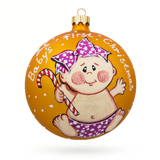 Girl with Candy Cane Blown Glass Ball Baby's First Christmas Ornament 4 Inches in Orange color Round