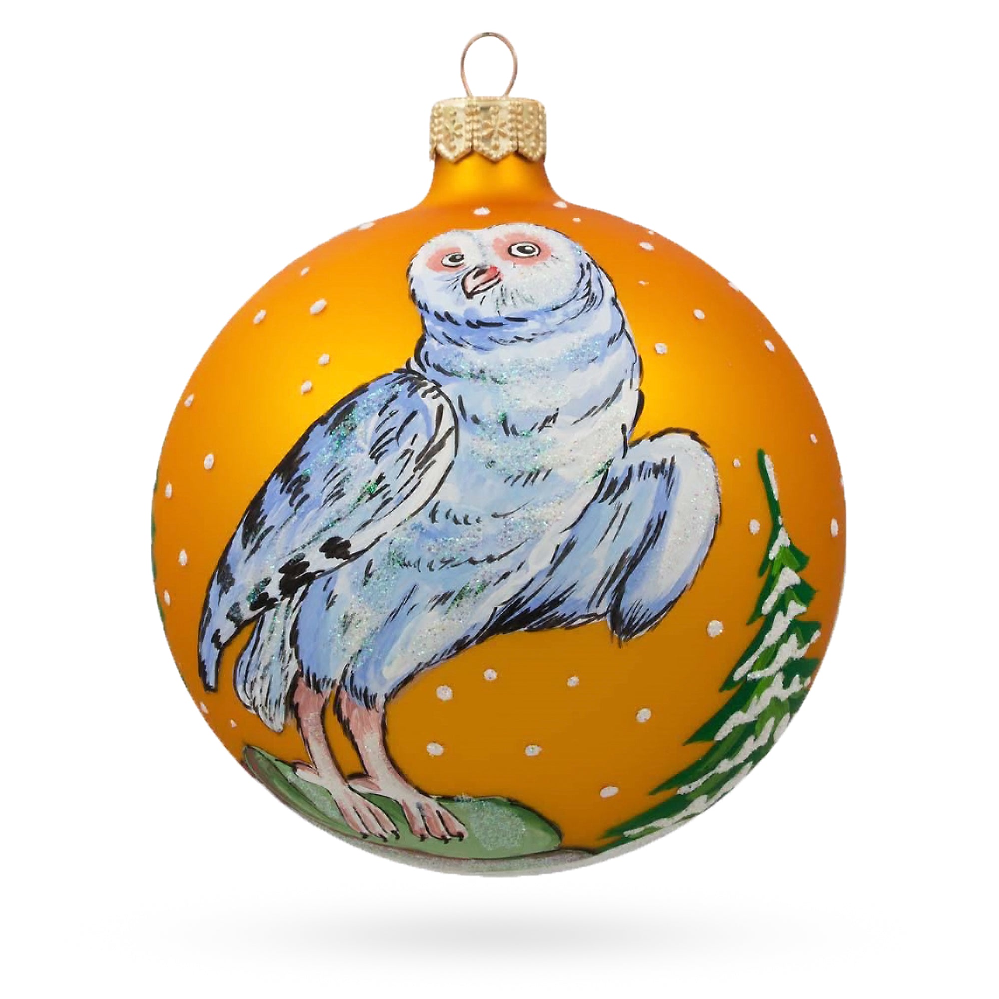 White Owl Perched by Winter Tree Glass Ball Christmas Ornament 4 Inches in Orange color Round