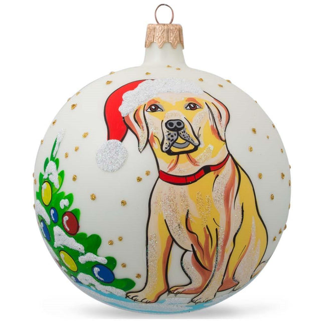 Adorable Yellow Labrador Retriever Captured in Blown Glass Ball Christmas Animal Ornament 4 Inches in White color, Round shape