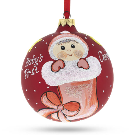 Glass Charming Girl in Festive Christmas Stocking Blown Glass Ball Baby's First Christmas Ornament 4 Inches in Red color Round