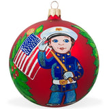 USA Marine with American Flag Blown Glass Ball Patriotic Christmas Ornament 4 Inches in Red color Round